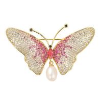Freshwater Pearl Brooch, Brass, with Freshwater Pearl, Butterfly, Vacuum Ion Plating, fashion jewelry & micro pave cubic zirconia 