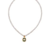 Freshwater Pearl Brass Necklace, with Brass, with 5cm extender chain, Chrysamthemum, gold color plated, for woman & enamel, 17mm Approx 36 cm 