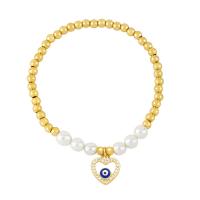 Evil Eye Jewelry Bracelet, Brass, with Plastic Pearl, Heart, Vacuum Ion Plating, micro pave cubic zirconia & enamel cm 