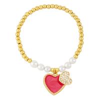 Cubic Zirconia Micro Pave Brass Bracelet, with Plastic Pearl, Heart, Vacuum Ion Plating, micro pave cubic zirconia & enamel cm 