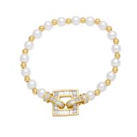 Cubic Zirconia Micro Pave Brass Bracelet, with Plastic Pearl, Vacuum Ion Plating, micro pave cubic zirconia cm [