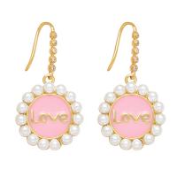 Cubic Zirconia Micro Pave Brass Earring, with Plastic Pearl, Round, Vacuum Ion Plating, fashion jewelry & micro pave cubic zirconia & enamel 