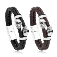 PU Leather Cord Bracelets, with Magnet & Zinc Alloy, Skull, plated, punk style & for man Approx 8.5 Inch [