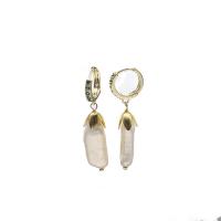 Freshwater Pearl Brass Earring, with Brass, 18K gold plated, for woman & with rhinestone, 40mm 