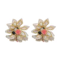 Freshwater Pearl Brass Earring, with Coral & Black Agate & Brass, Flower, 18K gold plated, fashion jewelry & for woman, 40mm 