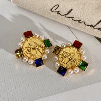 Plastic Pearl Zinc Alloy Earring, with Plastic Pearl, gold color plated, fashion jewelry & for woman & with rhinestone, golden, 38mm 