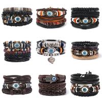 Evil Eye Jewelry Bracelet, PU Leather, with Wax Cord & Wood & Copper Coated Plastic & Zinc Alloy, plated, vintage & evil eye pattern & adjustable & for man Approx 18-23 cm 