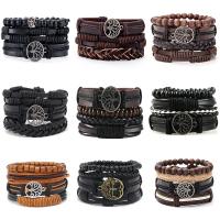 PU Leather Cord Bracelets, with Wax Cord & Wood & Zinc Alloy, Tree, plated, vintage & adjustable & for man Approx 18-23 cm 