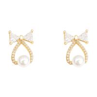 Cubic Zirconia Micro Pave Brass Earring, with Plastic Pearl, Bowknot, gold color plated, fashion jewelry & micro pave cubic zirconia & for woman, golden 