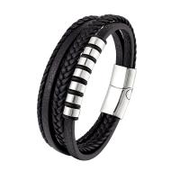 PU Leather Cord Bracelets, with 316L Stainless Steel, multilayer & for man, black 