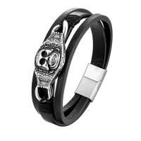 PU Leather Cord Bracelets, with 316L Stainless Steel, Skull, punk style & for man, black 