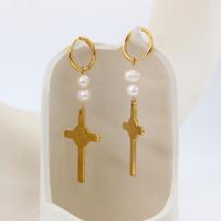 Stainless Steel Drop Earring, 304 Stainless Steel, with Plastic Pearl, Cross, plated, fashion jewelry, golden, 74mm 
