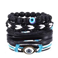 Evil Eye Jewelry Bracelet, Cowhide, with PU Leather & Wax Cord & Wood & Zinc Alloy, vintage & 4 pieces & Unisex Approx 6.7-7 Inch 