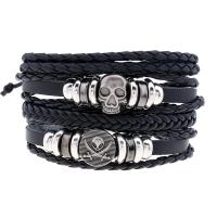 Wrap Bracelets, Cowhide, with PU Leather & Wax Cord & Wood & Zinc Alloy, Skull, vintage & 4 pieces & Unisex Approx 6.7-7 Inch 