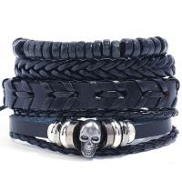Wrap Bracelets, PU Leather, with Wax Cord & Wood & Zinc Alloy, Skull, vintage & 4 pieces & Unisex Approx 6.7-7 Inch 