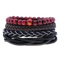 Wrap Bracelets, Cowhide, with Velveteen & PU Leather & Wax Cord & Wood & Zinc Alloy, vintage & 4 pieces & for man Approx 6.7-7 Inch 