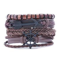Wrap Bracelets, PU Leather, with Wax Cord & Wood & Zinc Alloy, Anchor and Ship Wheel, vintage & 4 pieces & for man Approx 6.7-7 Inch 