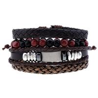Wrap Bracelets, PU Leather, with Glass Beads & Cowhide & Wax Cord & Zinc Alloy, vintage & 4 pieces & for man Approx 6.7-7 Inch 