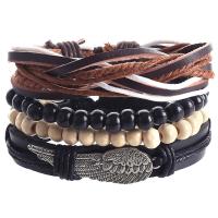 Wrap Bracelets, PU Leather, with Linen & Cowhide & Wax Cord & Wood & Zinc Alloy, Angel Wing, vintage & 4 pieces & for man Approx 6.7-7 Inch 