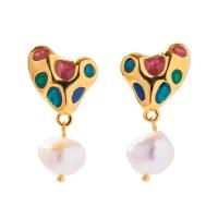 Freshwater Pearl Drop Earring, Brass, with Freshwater Pearl, Heart, gold color plated, vintage & for woman & enamel 