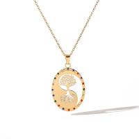 Titanium Steel Jewelry Necklace, with 2inch extender chain, Tree, 18K gold plated & micro pave cubic zirconia & for woman & hollow Approx 15.7 Inch [