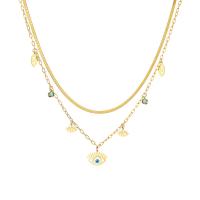 Titanium Steel Jewelry Necklace, with turquoise, with 2inch extender chain, Evil Eye, real gold plated, Double Layer & for woman & enamel Approx 15.7 Inch [