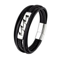PU Leather Cord Bracelets, with 316L Stainless Steel, multilayer & for man, black 