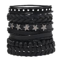 Wrap Bracelets, PVC Leather, with Wax Cord & Zinc Alloy, Star, handmade, 6 pieces & punk style & for man, black Approx 18-23 cm 
