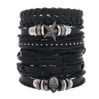 Wrap Bracelets, PVC Leather, with Wax Cord & Zinc Alloy, Skull, handmade, 6 pieces & punk style & for man, black Approx 18-23 cm 