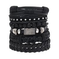Wrap Bracelets, PVC Leather, with Wax Cord & Zinc Alloy, handmade, 6 pieces & vintage & adjustable & for man, black Approx 18-23 cm 