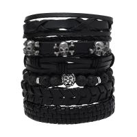 Wrap Bracelets, PU Leather, with Lava & Zinc Alloy, Skull, handmade, 6 pieces & punk style & adjustable & for man, black Approx 18-23 cm 