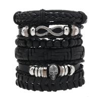 Wrap Bracelets, PU Leather, with Zinc Alloy, Skull, handmade, 6 pieces & punk style & adjustable & for man, black Approx 19 cm 