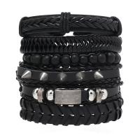 Wrap Bracelets, PU Leather, with Zinc Alloy, handmade, 6 pieces & punk style & adjustable & for man, black Approx 18-23 cm 