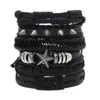 Wrap Bracelets, PVC Leather, with Wax Cord & Zinc Alloy, Star, handmade, 6 pieces & adjustable & for man, black Approx 18-23 cm 
