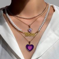 Collier de mode Multi couche, alliage de zinc, avec Acrylique, coeur, Placage de couleur d'or, bijoux de mode & multicouche & pour femme & émail & avec strass, violet Environ 54 cm, Environ 40 cm, Vendu par PC