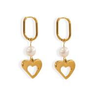 Freshwater Pearl Drop Earring, 304 Stainless Steel, with Freshwater Pearl, Heart, plated, fashion jewelry, golden 