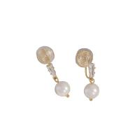 Cubic Zircon Brass Earring, with Cubic Zirconia & Plastic Pearl, Round, gold color plated, fashion jewelry & for woman, white 