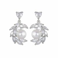 Cubic Zircon Brass Earring, with Cubic Zirconia & Plastic Pearl, platinum color plated, fashion jewelry & for woman, white 