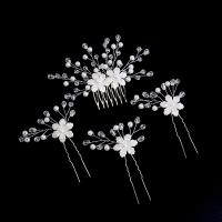 Zinc Alloy Hair Jewelry Set, hair comb & hair stick, with Crystal & Plastic Pearl, handmade, 4 pieces & fashion jewelry & for woman, white, 120*90mm,90*70mm 