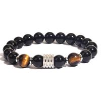 Gemstone Bracelets, Glass Beads, with Tiger Eye & 304 Stainless Steel, Round, handmade, for man Approx 19 cm 