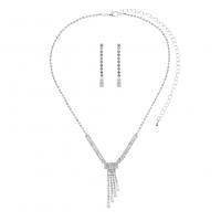 diamantes de imitación Conjunto de joya, pendiente & collar, con metal, chapado en color de plata, para mujer, 4.2cm,3.2cm, longitud:56 cm, Vendido por Set[