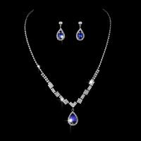 Rhinestone Jewelry Set, earring & necklace, with Brass, silver color plated, 2 pieces & for woman 