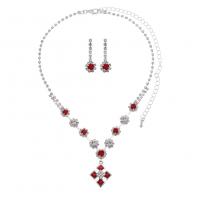 Rhinestone Jewelry Set, earring & necklace, with Brass, silver color plated, for woman, red, 3.6cm,2.7cm cm 