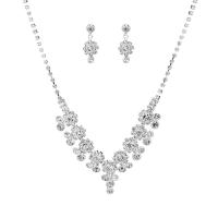 diamantes de imitación Conjunto de joya, pendiente & collar, con metal, chapado en color de plata, para mujer, 2.4x7.3cm,1x3.5cm, longitud:45 cm, Vendido por Set[