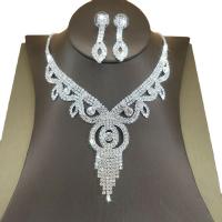 diamantes de imitación Conjunto de joya, pendiente & collar, con metal, con 15cm extender cadena, chapado en color de plata, para mujer, 3cm,14.6cm,1.2x3.3cm, longitud:28.4 cm, Vendido por Set[