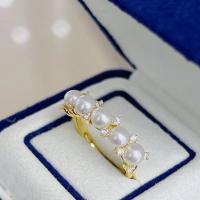 Cultured Freshwater Pearl Finger Ring, with Copper Alloy, fashion jewelry & for woman & with rhinestone, golden, 3-4mm 