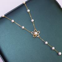 Freshwater Pearl Brass Necklace, with Copper Alloy, fashion jewelry & for woman, golden, 6-7mm Approx 45 cm 
