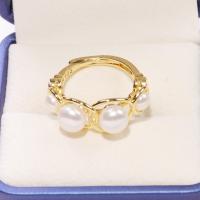 Cultured Freshwater Pearl Finger Ring, with Copper Alloy, real gold plated, fashion jewelry & for woman, golden, 4-6mm 