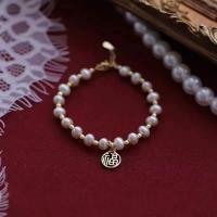 Cultured Freshwater Pearl Brass Bracelet, with Copper Alloy, with 1.57inch extender chain, real gold plated, fashion jewelry & for woman, white, 6mm Approx 6.3 Inch 