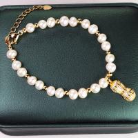 Cultured Freshwater Pearl Brass Bracelet, with Copper Alloy, with 1.97inch extender chain, real gold plated, fashion jewelry & for woman, white, 6-7mm Approx 6.3 Inch 